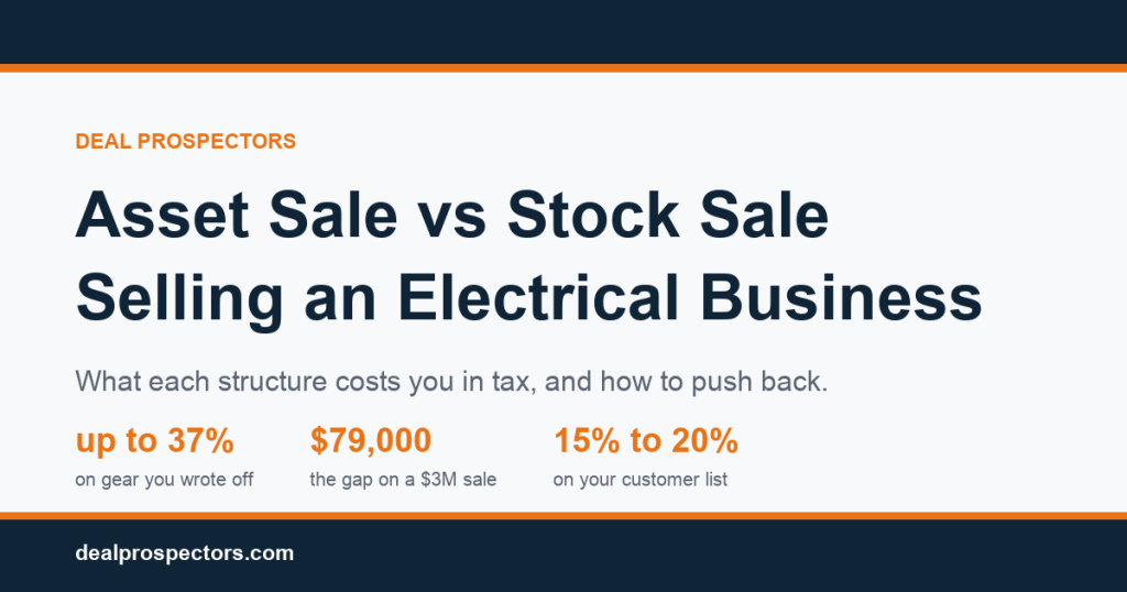 Asset sale versus stock sale when selling an electrical business: up to 37% on written-off gear, $79,000 gap on a $3M sale
