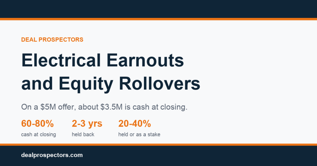 Electrical earnouts and equity rollovers: 60 to 80% cash at closing, 2 to 3 years held back, 20 to 40% held back or kept as a stake