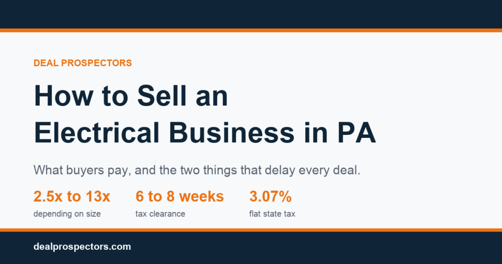 Selling an electrical business in Pennsylvania: 2.5x to 13x earnings, 6 to 8 week tax clearance, 3.07% flat state tax