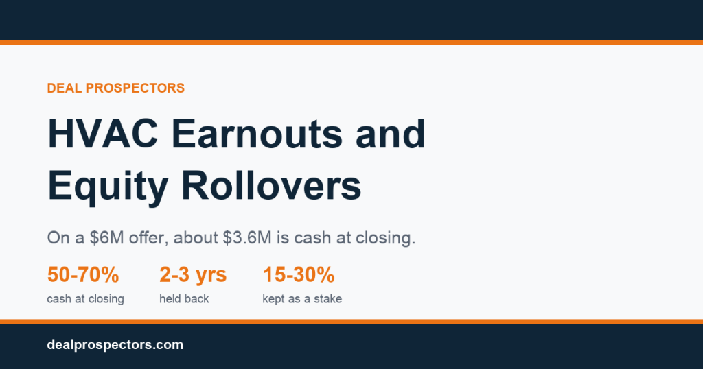 HVAC earnouts and equity rollovers: 50 to 70% cash at closing, 2 to 3 years held back, 15 to 30% kept as a stake