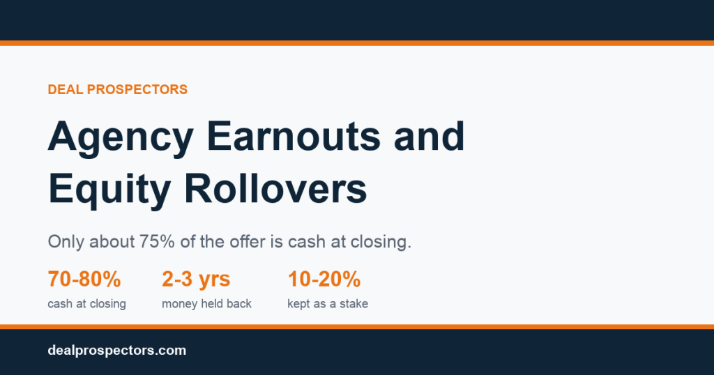 Insurance agency earnouts and equity rollovers: 70 to 80% cash at closing, 2 to 3 years held back, 10 to 20% kept as a stake