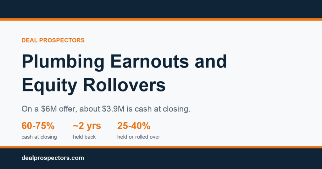 Plumbing earnouts and equity rollovers: 60 to 75% cash at closing, about 2 years held back, 25 to 40% held back or rolled over