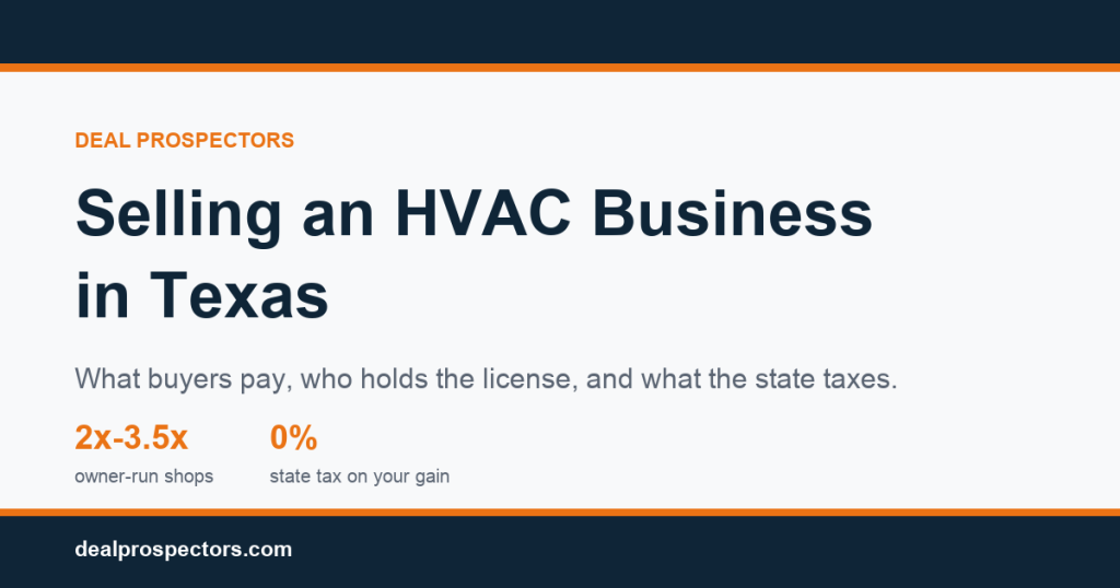 Selling an HVAC business in Texas: 2 to 3.5 times owner pay for owner-run shops, and 0% state tax on the gain