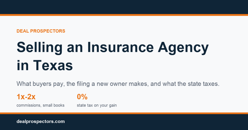 Selling an insurance agency in Texas: 1 to 2 times commissions for small books, and 0% state tax on the gain