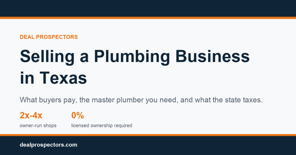 Selling a plumbing business in Texas: 2 to 4 times owner pay for owner-run shops, and no licensed ownership required